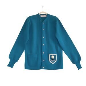 ALBION KNIT Vintage 69's Virgin Wool Cardigan L/XL Patchwork Cozy Retro Made USA